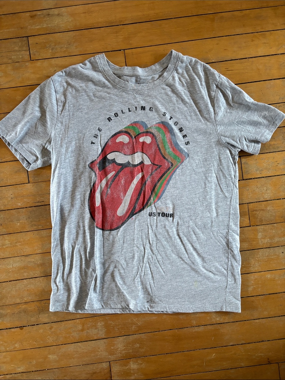 EUC the Rolling Stones Gray Graphic DistreTee with Red Tongue and Rainbow Accent
